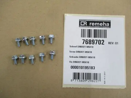 Remeha Schrauben in Metalloptik, auf einem Karton angeordnet. Enthält zehn identische Schrauben. Verpackung mit Artikelnummer und Informationen zu den Schrauben.
